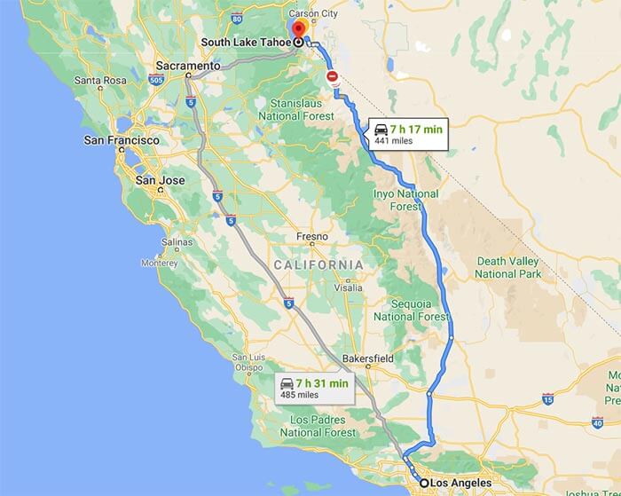 Map of drive from Los Angeles to South Lake CA