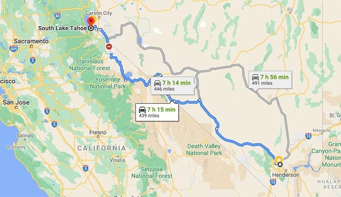 Map of Drive from Las Vegas NV to South Lake Tahoe CA