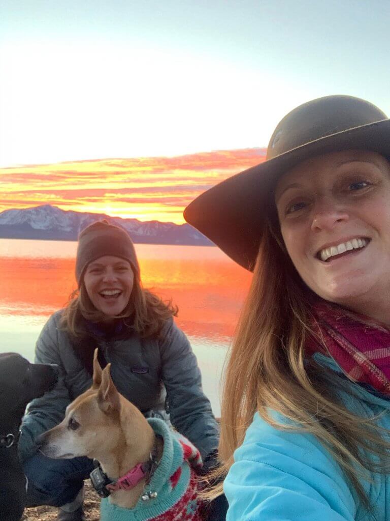 two girls selfie at sunset lake tahoe